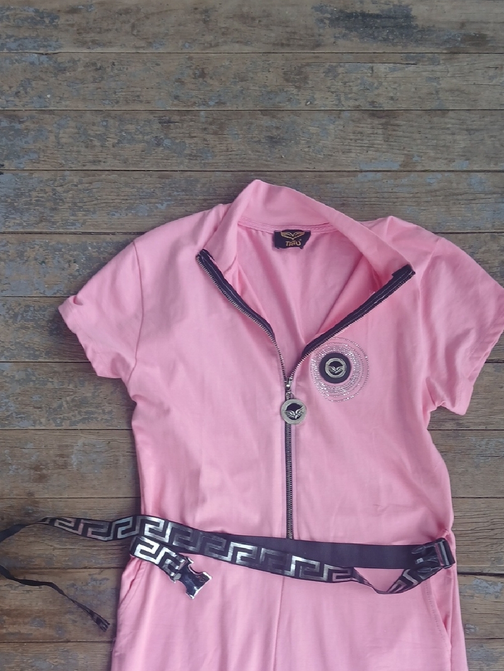 Tatu Pink Zipper Front Jumpsuit with Rhinestone Eagle On Back Size 42 Or U.S 30 - Picture 2 of 7